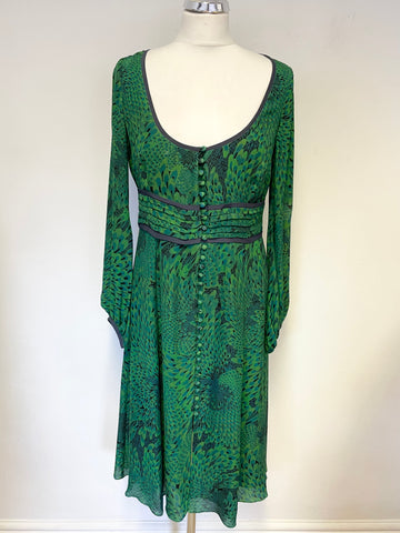 BRAND NEW JENNY DYER 100% SILK GREEN & BLACK PRINT FIT & FLARE DRESS SIZE 10