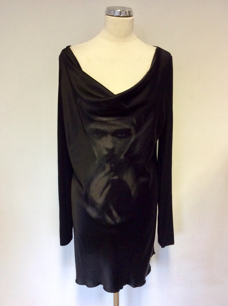 ISABEL DE PEDRO BLACK SILK FRONT WITH FACE PRINT STRETCH JERSEY LONG TOP SIZE 16