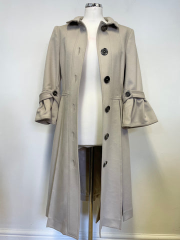 BURBERRY BEIGE WOOL & CASHMERE BLEND BELTED BELL CUFF COAT SIZE 8