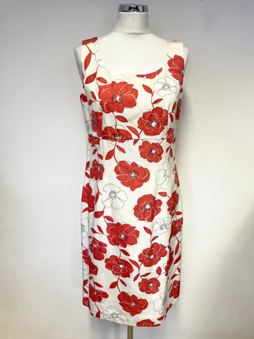 HOBBS IVORY & CORAL FLORAL PRINT SLEEVELESS COTTON & SILK BLEND PENCIL DRESS SIZE 12