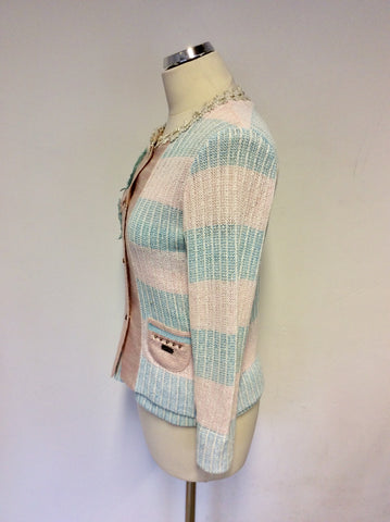 DE MIGUEL MINT GREEN & PINK EMBELISHED TWINSET SIZE 42 UK 10