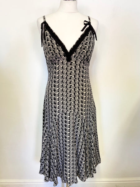 TED BAKER GREY, IVORY & BLACK PRINT 100% SILK STRAPPY DRESS SIZE 3 UK 12