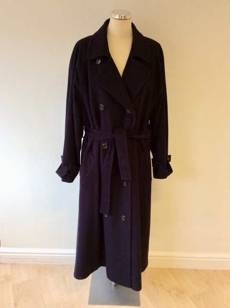 JAEGER DARK BLUE WOOL & CASHMERE TIE BELT LONG COAT SIZE 16 FIT 18/20