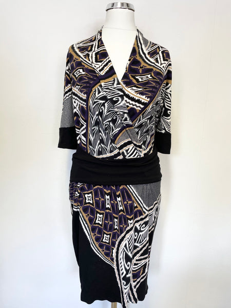 MARCCAIN BLACK,WHITE,PURPLE & TAN PRINT STRETCH JERSEY SHORT SLEEVE PENCIL DRESS SIZE 4 UK 12/14