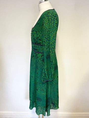 BRAND NEW JENNY DYER 100% SILK GREEN & BLACK PRINT FIT & FLARE DRESS SIZE 10