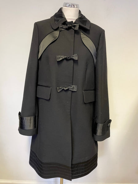 FRENCH CONNECTION BLACK 100% VIRGIN WOOL SATIN TRIMMED COAT SIZE 14
