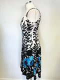 NINE WEST BLACK, WHITE  & TURQUOISE FLORAL PRINT SLEEVELESS FIT & FLARE DRESS Size 4 UK 8