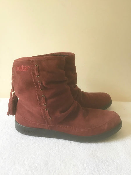 HOTTER DEEP RED / WINE SUEDE TASSEL TRIM SUEDE ANKLE BOOTS SIZE 5.5/38.5