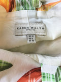 KAREN MILLEN WHITE, ORANGE & GREEN TROPICAL PRINT STRAPPY PENCIL DRESS SIZE 10/12