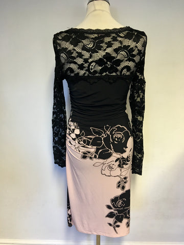 PHASE EIGHT PINK & BLACK FLORAL STRETCH LACE TOP DRESS SIZE 12
