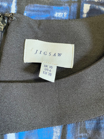 JIGSAW BLACK & BLUE PRINT 100% SILK SHORT SLEEVED SHIFT DRESS SIZE 10