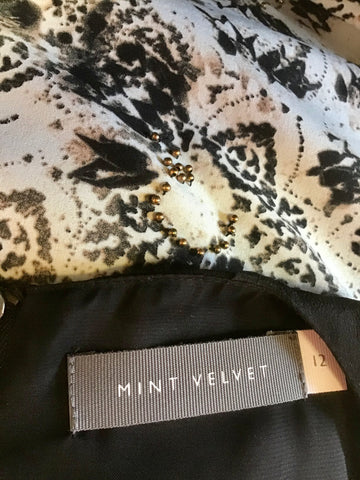 MINT VELVET BLACK TOP WITH BROWN & CREAM PRINTED SKIRT DRESS SIZE 12