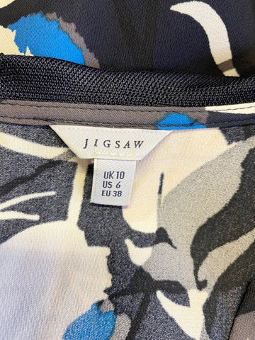 JIGSAW BLACK FLORAL PRINT COLLARED V NECKLINE LONG SLEEVE  TOP SIZE S