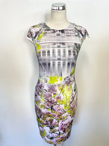 TED BAKER WHITE,PINK & LIME GREEN FLORAL PRINT PENCIL DRESS SIZE 1 UK 8/10