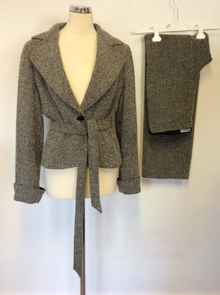 MAX MARA BLACK & WHITE MARL WOOL BLEND BELTED JACKET & TROUSER SUIT SIZE 14/16