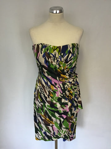 DIANE VON FURSTENBERG MULTI COLOURED PRINT SILK STRAPLESS WRAP DRESS SIZE 10 UK 14