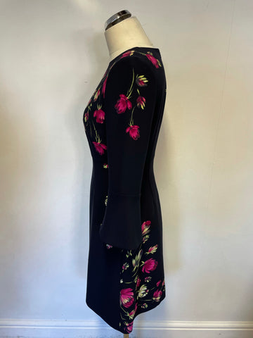 HOBBS NAVY BLUE FLORAL PRINT 3/4 SLEEVES A LINE DRESS SIZE 10