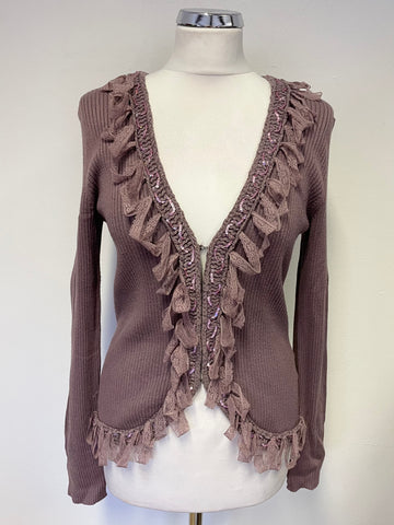 OUI MOMENTS MAUVE SEQUIN & FRILLED LONG SLEEVED CARDIGAN SIZE 12