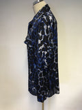 PLANET BLACK,BLUE & GREY PRINT LONG SLEEVE BLOUSE SIZE 14