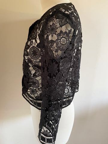 HOSS BLACK LACE PRESS STUD FASTEN 3/4 SLEEVE TOP SIZE 40 UK 12