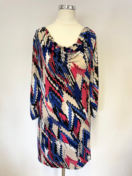 STAR BY JULIEN MACDONALD CREAM,BLACK,RED & BLUE 3/4 SLEEVE SHIFT DRESS SIZE 8