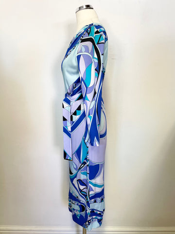 EMILIO PUCCI BLUE,LILAC & TURQOUISE SHADES PRINT 3/4 SLEEVE BELTED SPECIAL OCCASION DRESS SIZE 10