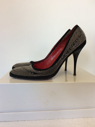 ITALIAN CESARE PACIOTTI BLACK SUEDE & SILVER CHAIN EMBELLISHED HEELS SIZE 6/39