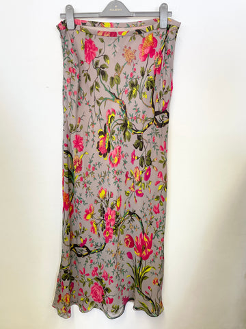JAEGER GREY & MULTI COLOURED FLORAL PRINT 100% SILK LONG SKIRT SIZE 14