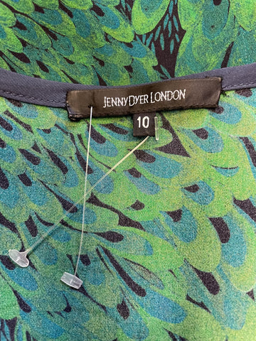 BRAND NEW JENNY DYER 100% SILK GREEN & BLACK PRINT FIT & FLARE DRESS SIZE 10