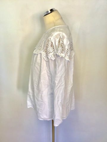 WHITE STUFF WHITE EMBROIDERED & LACE TRIM LONG SLEEVE TOP SIZE 16