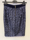 WHISTLES NAVY BLUE SEQUINNED KNEE LENGTH PENCIL SKIRT SIZE 10