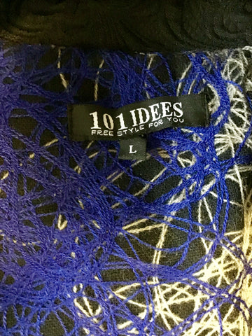 101 IDEES BLACK & MULTI COLOURED DESIGN KNEE LENGTH COAT SIZE L