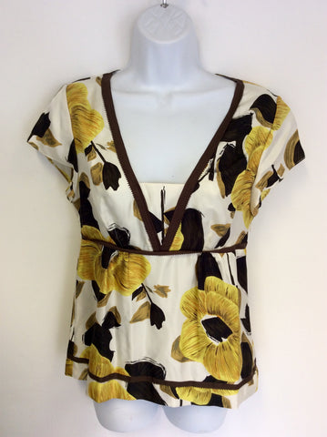 BODEN,IVORY,BROWN & YELLOW FLORAL PRINT CAP SLEEVE SILK TOP SIZE 8
