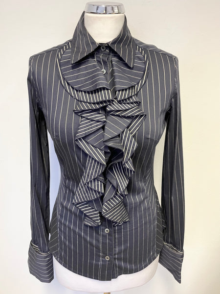 KAREN MILLEN NAVY STRIPE COLLARED FRILLED FRONT LONG SLEEVE SHIRT SIZE