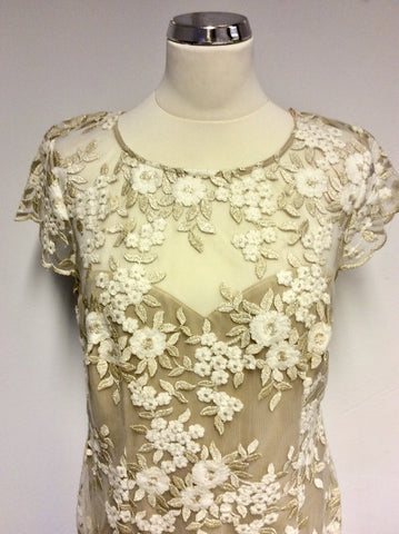 BRAND NEW GINA BACCONI GOLD & WHITE EMBROIDERED SPECIAL OCCASION DRESS SIZE 14