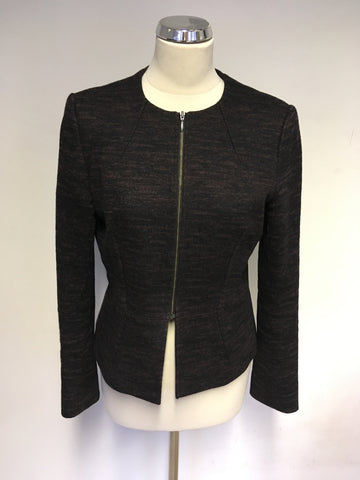 HOBBS BROWN & BLACK PRINT WOOL BLEND ZIP UP JACKET & SKIRT SIZE 12/14