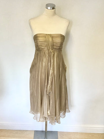 MONSOON PALE GOLD SILK STRAPLESS DRESS SIZE 10