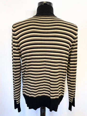 FAKE LONDON BLACK,BROWN & BEIGE 100% WOOL ZIP UP STRIPED CARDIGAN SIZE L