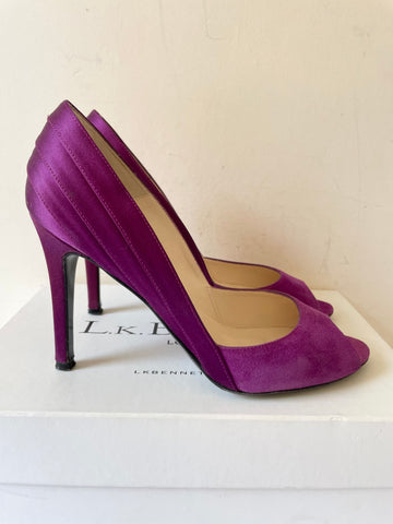 LK BENNETT SUITE BERRY SUEDE & SATIN PEEP TOE SPECIAL OCCASION HEELS SIZE 6/39