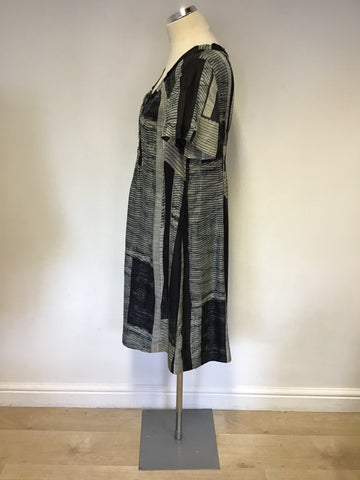 JIGSAW BLACK,GREEN & GREY PRINT SILK SHORT SLEEVE DRESS SIZE 16