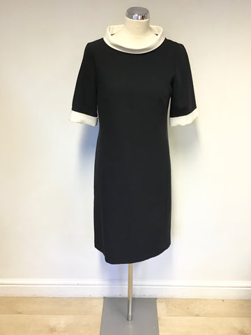 JAEGER NAVY & WHITE TRIM SHORT SLEEVE SHIFT DRESS SIZE 10