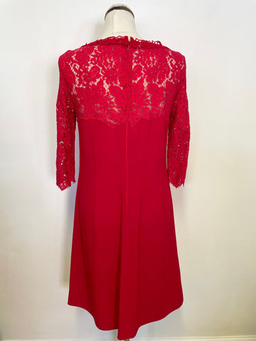 MARCCAIN RED LACE TRIMMED 3/4 SLEEVE A LINE DRESS SIZE 4 UK 14