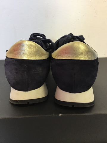 PAUL SMITH NAVY BLUE SUEDE & LEATHER MULTI COLOURED STRIPE TRAINERS SIZE 6/39