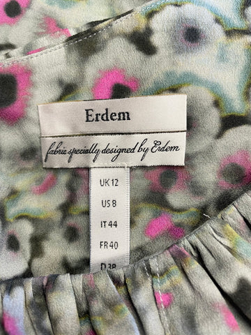 ERDEM GREEN,GREY & PINK FLORAL PRINT SILK HALF SLEEVE FIT & FLARE DRESS SIZE 12
