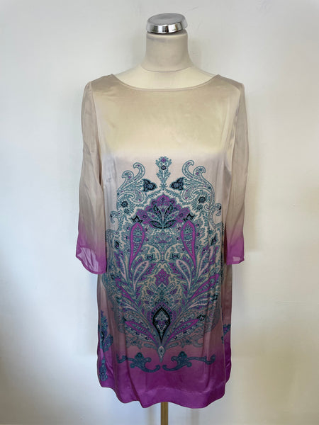 MONSOON CREAM & PURPLE PAISLEY PRINT HALF SLEEVE SILK SHIFT DRESS SIZE 16