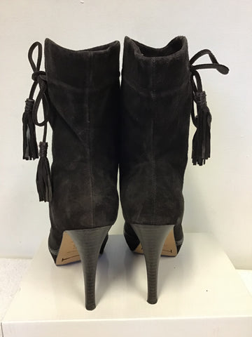 KAREN MILLEN DARK BROWN SUEDE TASSEL TRIM CALF LENGTH BOOTS SIZE 5/38
