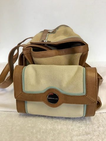 KAREN MILLEN TAN LEATHER & BEIGE,CREAM & TURQUOISE TRIM SUEDE HAND BAG