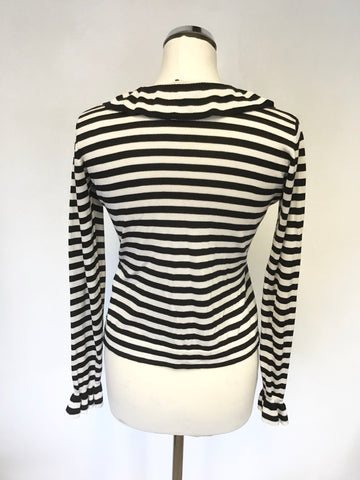 HOBBS BLACK & WHITE STRIPE COTTON & SILK FRILL TRIM V NECK LONG SLEEVE CARDIGAN SIZE 10