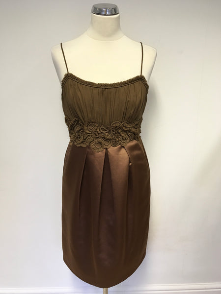 BCBGMAXAZRIA NUTMEG BROWN SILK BLEND STRAPPY SPECIAL OCCASION DRESS SIZE 12