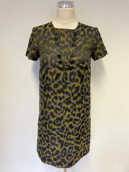 JAEGER BOUTIQUE BLACK,BLUE & GREEN PRINT SHORT SLEEVE SHIFT DRESS SIZE S